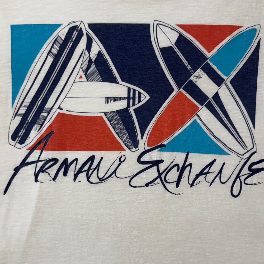 Armani Exchange White Short Sleeve Tee with Navy, Teal & Red Surf Graphic